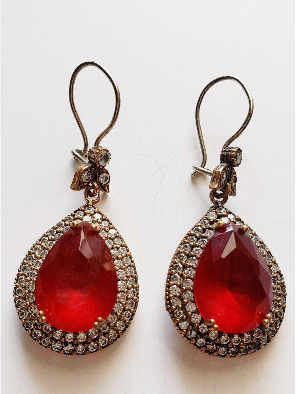 TURKISH OTTOMAN SIMULATED TEARDROP RUBY .925 SILVER & BRONZE EARRINGS